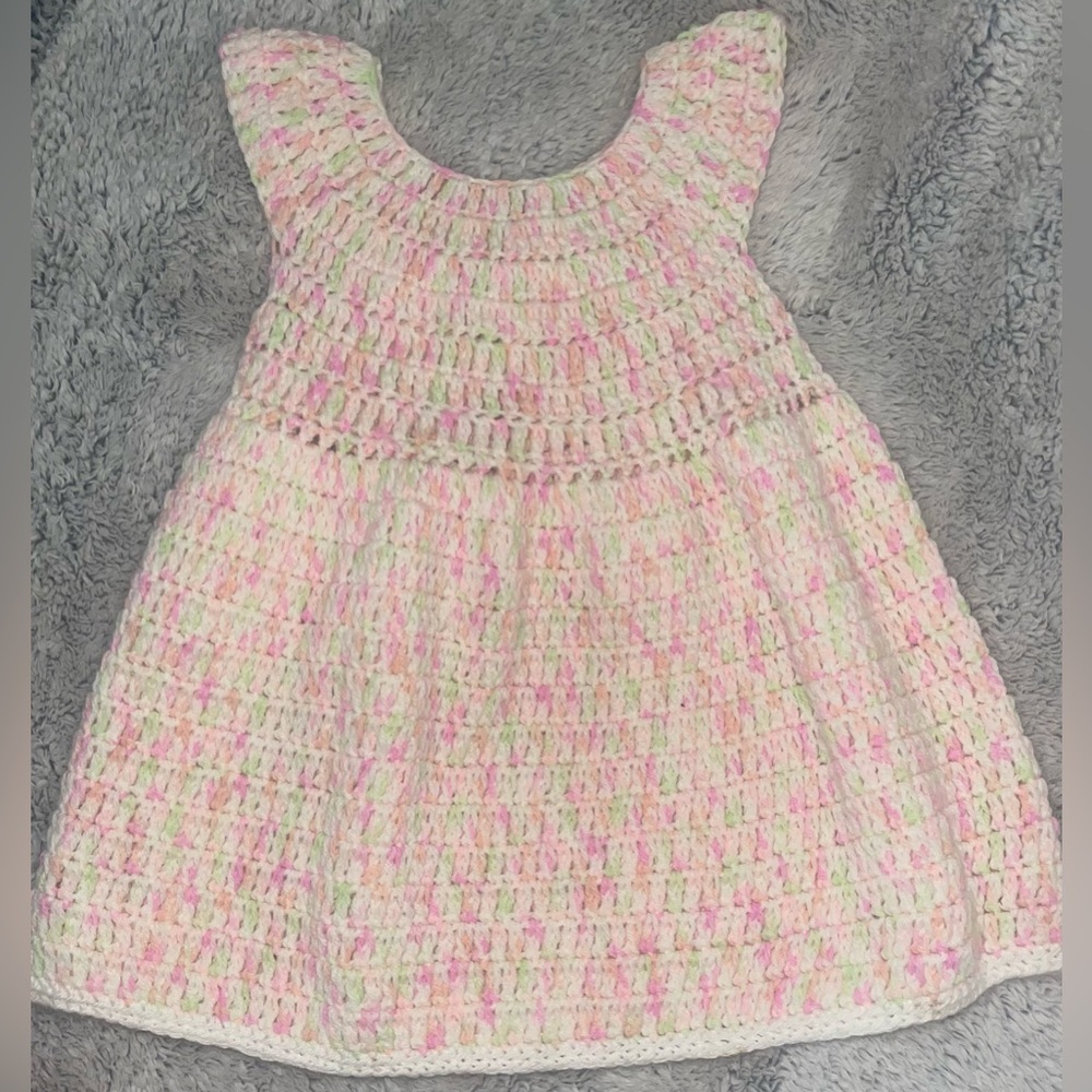 Homemade Pink and White Crochet Baby Dress Size 12-18 Months